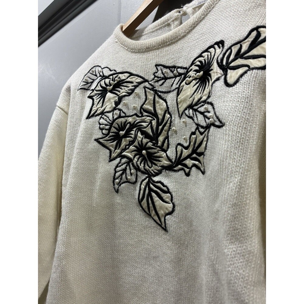 Vintage COS COB Ivory Embroidered Floral Pearl Knit Sweater Hong Kong S Pinup